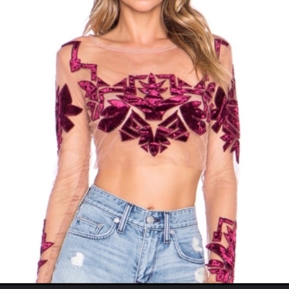 For love and lemons Elegant Sheer Top with Velvet Accents size small